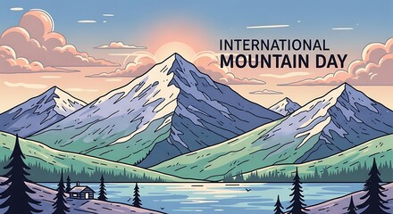 Celebrating International Mountain Day with a Majestic Landscape Illustration at Sunrise