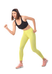 Sporty young woman running marathon on white background