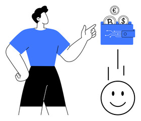 Cryptocurrency concept. Person pointing to a digital wallet holding Bitcoin, Euro, Dollar symbols. Cryptocurrency supporting transactions, digital payments, global finance, financial education