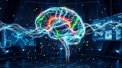 Advanced neurotechnology visualization showing brain activity and neural pathways on a digital interface - Powered by Adobe