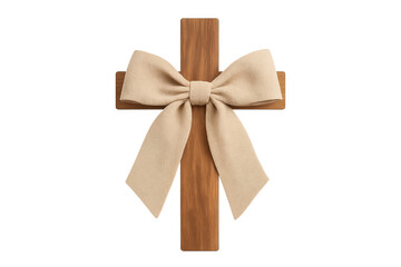Wooden cross with decorative beige ribbon bow