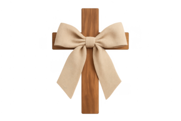 Wooden cross with decorative beige ribbon bow