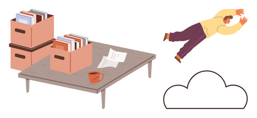 Office desk with boxes, books, papers, and coffee mug as a man jumps toward a cloud. Ideal for creativity, innovation, digital transformation, cloud computing, escaping routine futuristic vision
