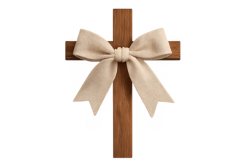 Wooden cross decorated with linen ribbon bow