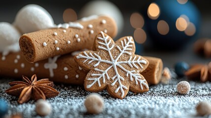 Close-up of a gingerbread snowflake cookie with other festive decorations, creating a cozy holiday scene.