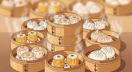 A delicious assortment of traditional Chinese Dim Sum dumplings and buns served in classic steaming bamboo baskets, a culinary feast
