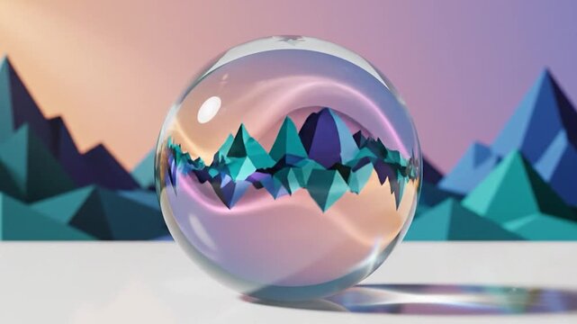 Glass sphere reflecting a lowpoly geometric mountain landscape