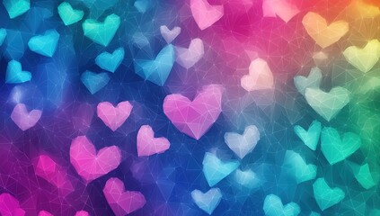 A vibrant and colorful background with low-poly hearts in various shades of blue, purple, pink, green, and red. The heart shapes should be arranged