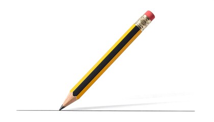 A close-up shot of a classic writing instrument, yellow and black, with a pink eraser, creating a thin, gray line on a white background