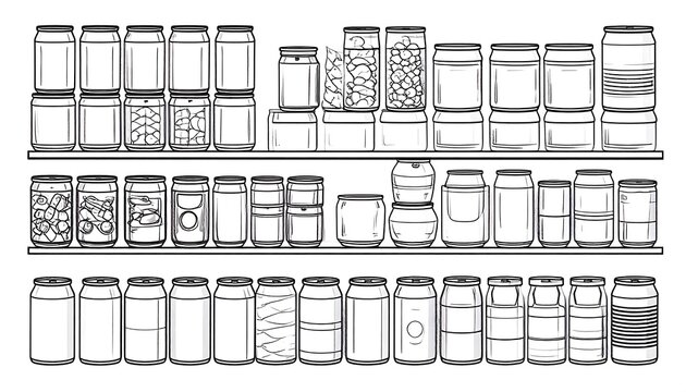 Line drawing of various clear glass jars and containers organized on three shelves