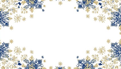 A white background with gold and blue snowflakes in the corners, with stars scattered throughout. The center is left blank for text or graphics. It has an overall effect of being elegant