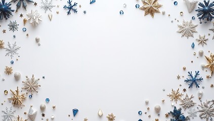 A white background with gold and blue snowflakes, stars, and diamonds arranged in an empty frame design. The image should have no text or other elements on the left side