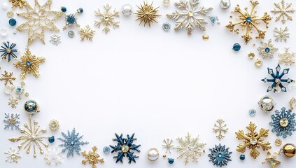 A white background with gold and blue snowflakes, stars, and diamonds arranged in an empty frame design. The image should have no text or other elements on the left side