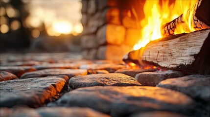 Close-up of logs burning in a stone fireplace with a warm glow, set against a blurred background of an outdoor sunset scene with bokeh lights.