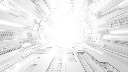 Abstract background with a circuit board pattern and light rays, a technology concept in white color, 3D rendering, wide-angle lens, hyper-realistic.