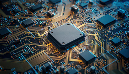 Close-up of microprocessor chip on illuminated circuit board with golden traces and blue components