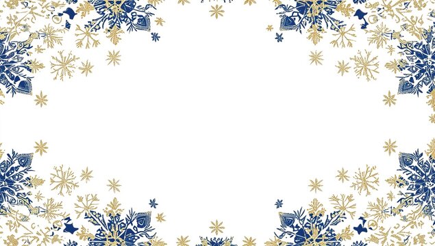 A white background with gold and blue snowflakes in the corners, with stars scattered throughout. The center is left blank for text or graphics. It has an overall effect of being elegant - Powered by Adobe