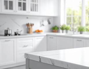 Tilted-angle countertop shot with calm kitchen blur white