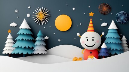 Whimsical Paper Art Landscape with Cheerful Character and Trees