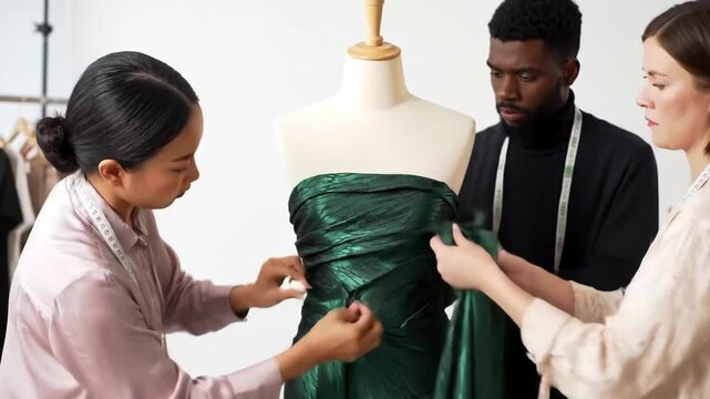 Fashion designers collaborating on draping green fabric around dress form