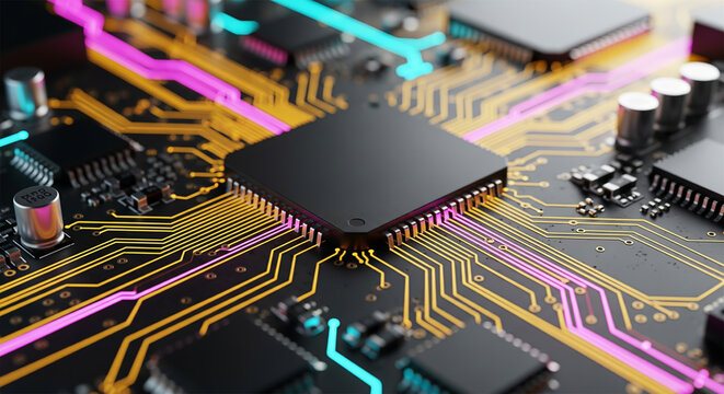 Black microprocessor chip on circuit board with colorful pink and cyan traces and components