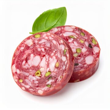 Two slices of delicious salami with pistachios and a fresh basil leaf on a white background.