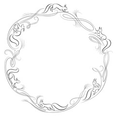 circular pattern with ring-shaped monograms . 
squirrels on spruce branches. elegant monograms.