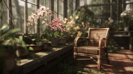 Obraz premium Greenhouse Oasis: A tranquil greenhouse interior is awash with the soft light of day, showcasing vibrant orchids and lush greenery. An inviting chair beckons amidst this peaceful floral sanctuary.