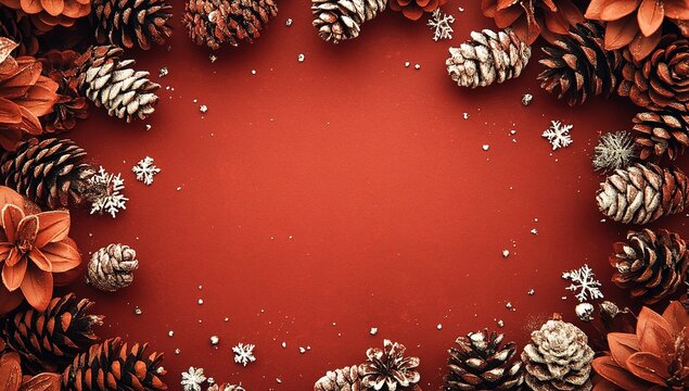 Red background with pine cones and snowflakes on the edges, creating an atmosphere of joy for Christmas or New Year's celebration. The red color adds warmth to your design, making it perfect