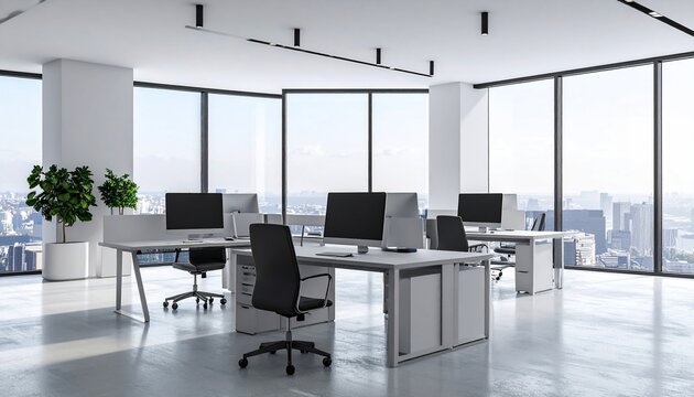 Modern office interior with panoramic windows and city view for business concept.