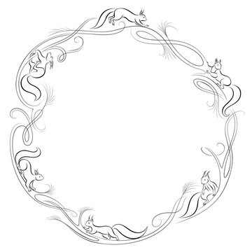 circular pattern with ring-shaped monograms . 
squirrels on spruce branches. elegant monograms.