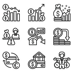 Essential financial concept line icons for business and economic analysis, featuring investment growth, monetary decline, banking transactions, and wealth management strategies