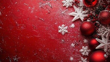 Red Christmas background with red and white snowflakes, stars, and ornaments on the right side of the image.