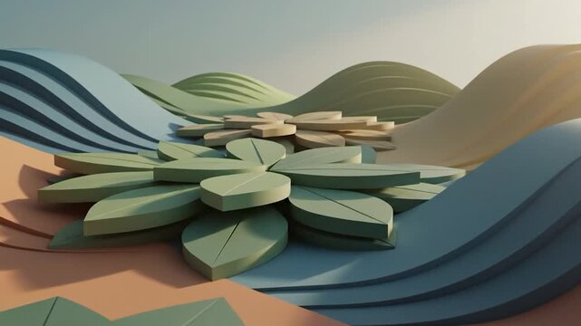 Abstract landscape with layered hills and geometric leaf patterns in pastel colors