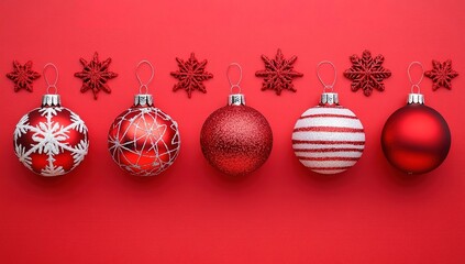 Red Christmas background with snowflakes and stars, red ornaments on the sides, red color scheme, red color palette, red background, Christmas decorations, red festive atmosphere, red color design