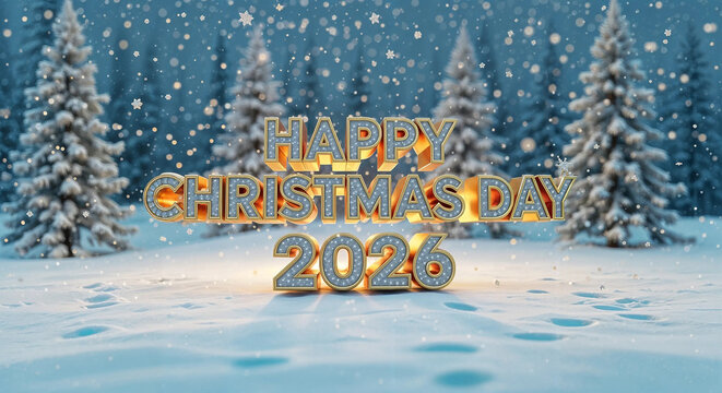 Happy christmas day 2026 glowing text in a beautiful snowy winter forest with falling snow