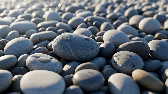 etailed close-up of smooth, wet grey and white pebbles