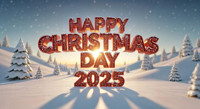 Happy christmas day 2025 text shimmering in a beautiful snowy winter landscape with pine trees and a warm sunrise