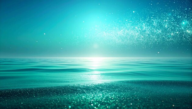 a stunning, luminous turquoise sea, with the gentle ripples of the water reflecting the bright lights on the horizon. The sky is filled with sparkling stars or light particles that create an atmosphea