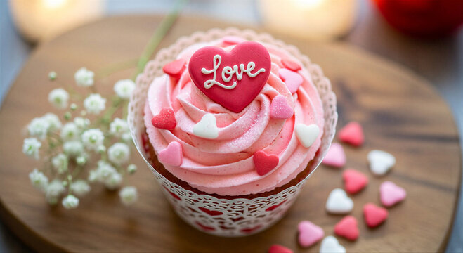 Pink Valentine cupcake decoration with love sign for holiday greeting card or menu design