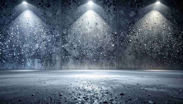 Dramatic industrial concrete wall and floor backdrop, illuminated by three bright spotlights.&nbsp;The rough, gravelly texture creates a cool, empty and modern theater atmosphere, perfect forn