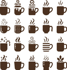 Obraz premium Hot drinks collection: mugs with steam, candy cane, and holly berries