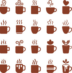 Fototapeta premium Collection of stylized coffee and tea cups with steam icons