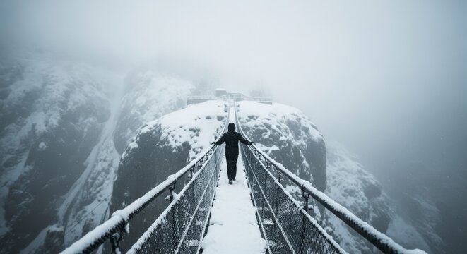 A lone figure traverses a snow-covered suspension bridge amidst a heavy winter fog, creating a