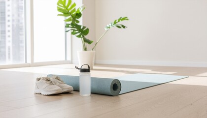 An ultra-realistic, clean studio photograph showcasing a minimalist home workout or yoga setup. A light blue yoga mat is partially unrolled on a pale wooden floor, accompanied by a pair of modern whit