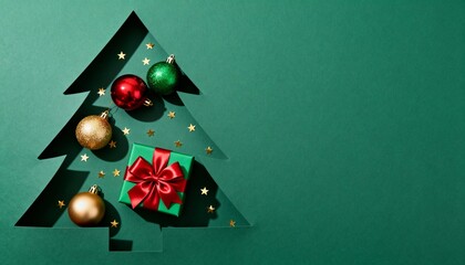 Christmas-themed design featuring a paper-cut tree decorated with red, gold, and green ornaments, gold stars, and a wrapped gift, leaving ample negative space for festive messages or design use.
