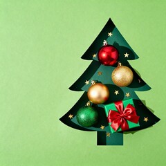 Obraz premium Christmas composition featuring a tree cut out of dark green paper on a light green background, decorated with colorful ornaments, stars and a gift wrapped with a red satin ribbon. 