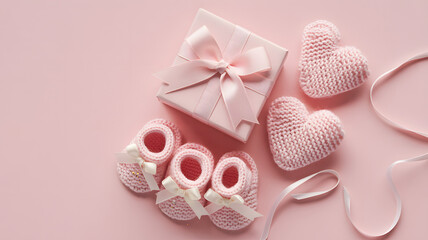 Overhead view of delicate pink baby booties, a small gift box, and knitted hearts on a soft pink background for a newborn girl celebration