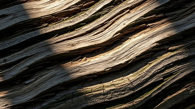 Close-up of weathered tree bark with strong parallel wavy textures and contrasting light and shadow.