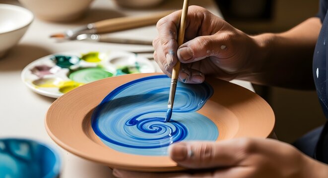 Close-up of an artisan's hands meticulously painting a blue spiral design onto a terracotta ceramic plate.